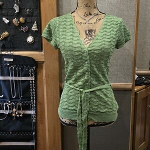 Charlotte Tarantola Green Knit Short Sleeve Sweater With Belt